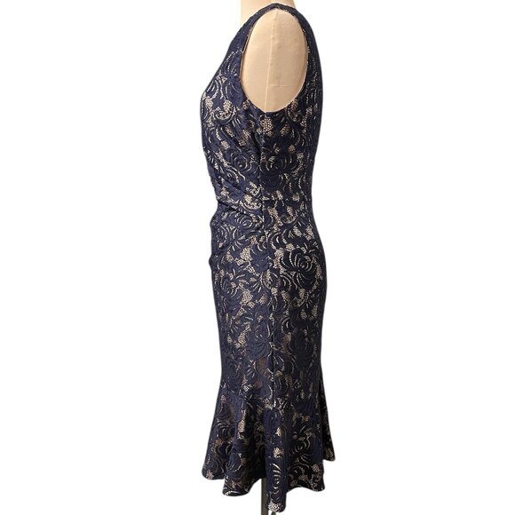 Eliza J Navy Blue Lace with Nude Underlay Ruched Side Sleeveless Dress, Size 6 - Picture 2 of 7